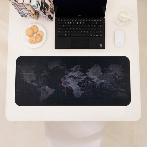 Mousepad Mare Cauciucat pentru Gaming, Birou, Office, Antiderapant, Cusaturi Anti-Rupere, Waterproof, model Harta Lumii, 80 x 30cm, Negru