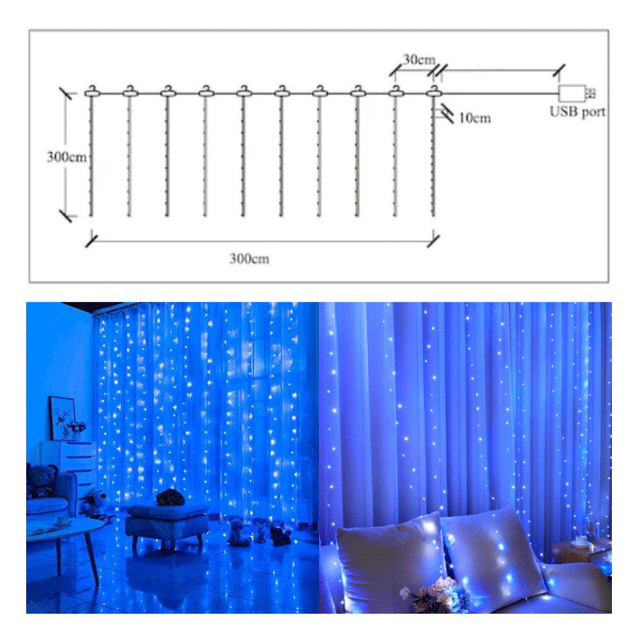 Instalatie De Craciun SIKS, 3 M X 3 M, Model Plasa USB, 8 Moduri, 300 Leduri, Rezistenta La Apa, Luminozitate Reglabila, Cu Telecomanda, Perdea Albastra 1 45060224
