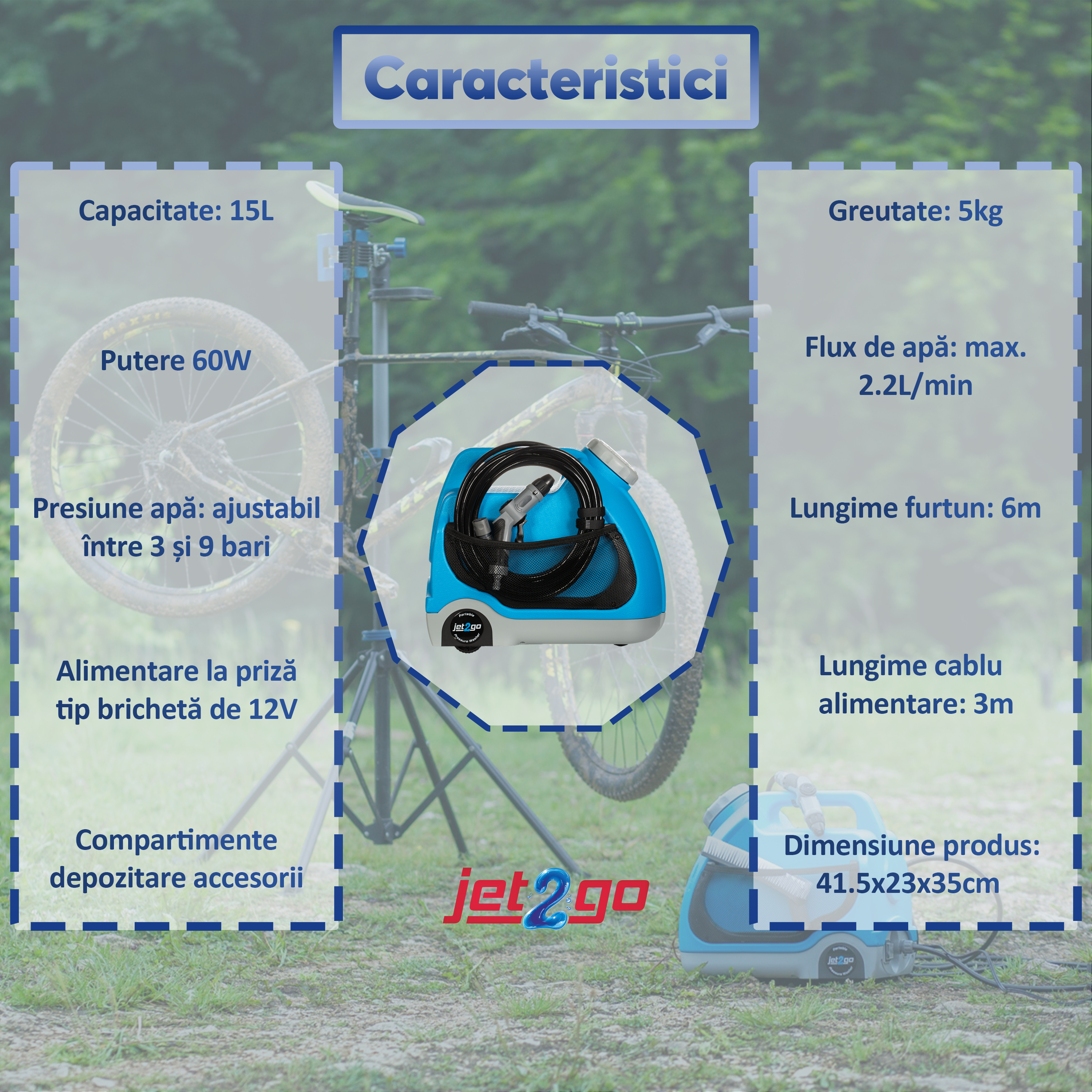 Aparat de spalat cu presiune portabil Jet2Go A1, capacitate 15L