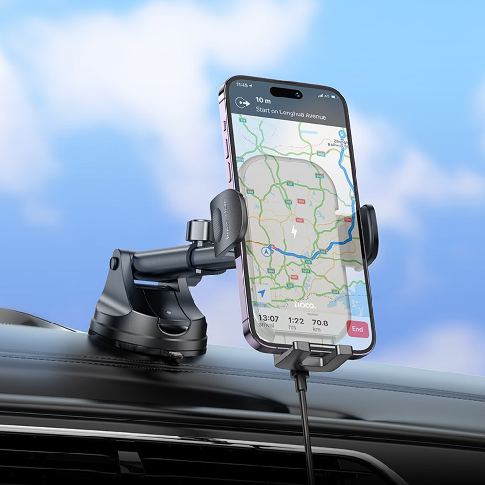 Suport Auto cu incarcare Wireless Hoco HW5, 15W, cu cleme laterale, montaj Bord, cablu USB-C, 1m, brat ajustabil, Negru 45490384