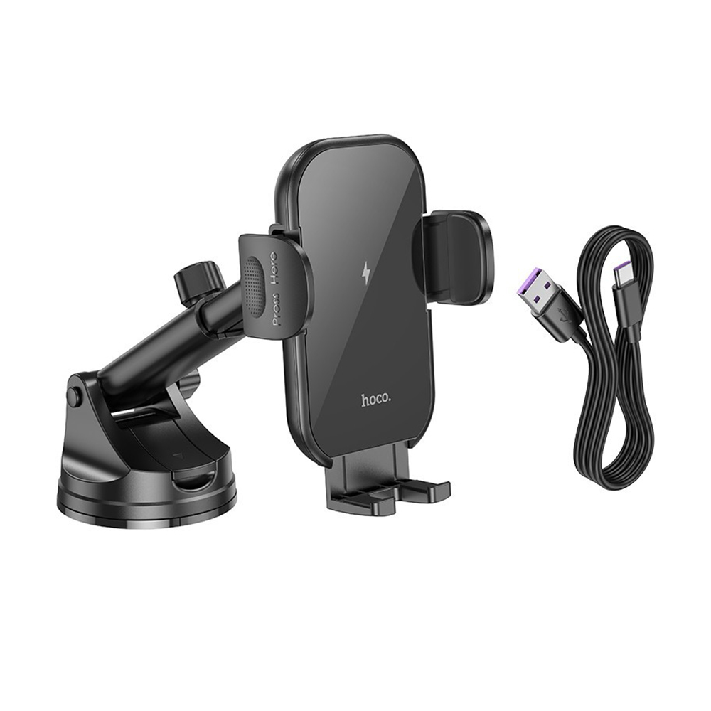 Suport Auto cu incarcare Wireless Hoco HW5, 15W, cu cleme laterale, montaj Bord, cablu USB-C, 1m, brat ajustabil, Negru 45490385