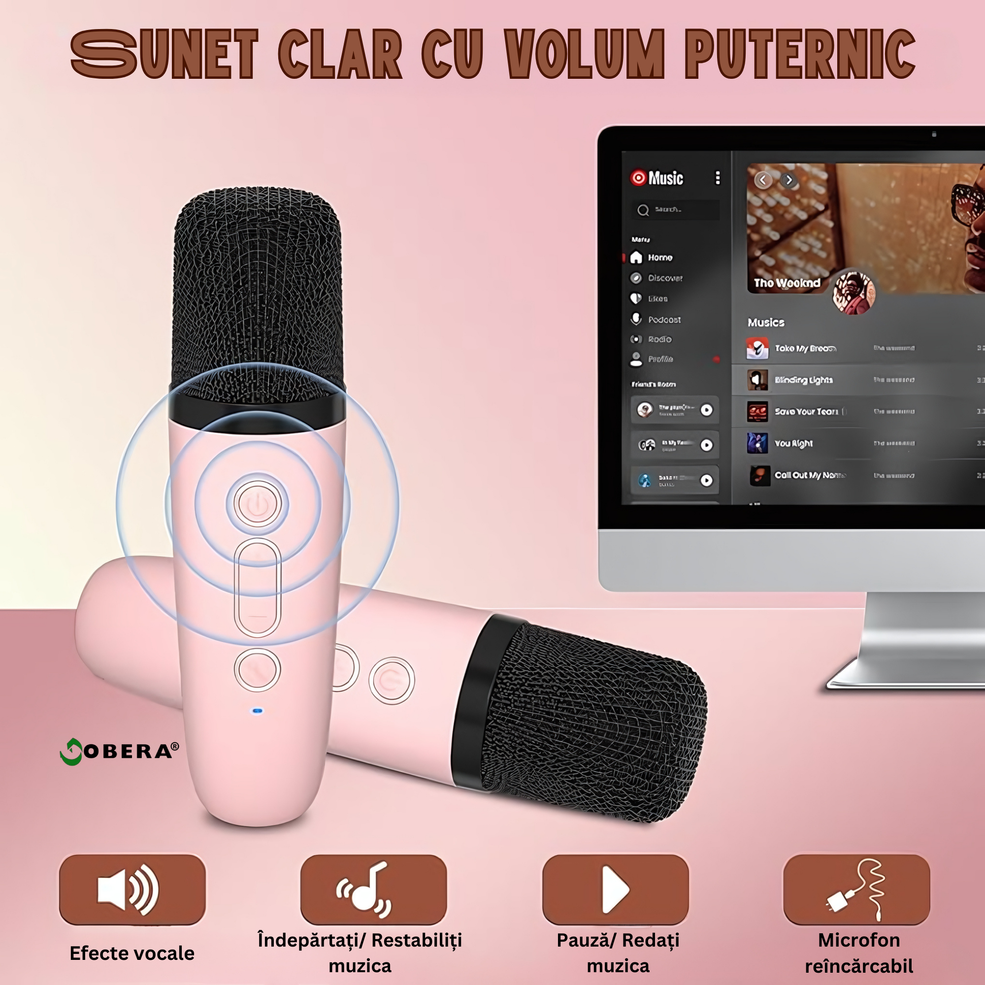 Microfon Karaoke Smart copii si adulti, goBERA®, Wireless, Difuzor portabil Bluetooth, Efecte vocale, Potrivit pentru petreceri si sarbatori,2 Mic incluse, TF card, Bluetooth, Player MP3, Aux, Culoare [5]