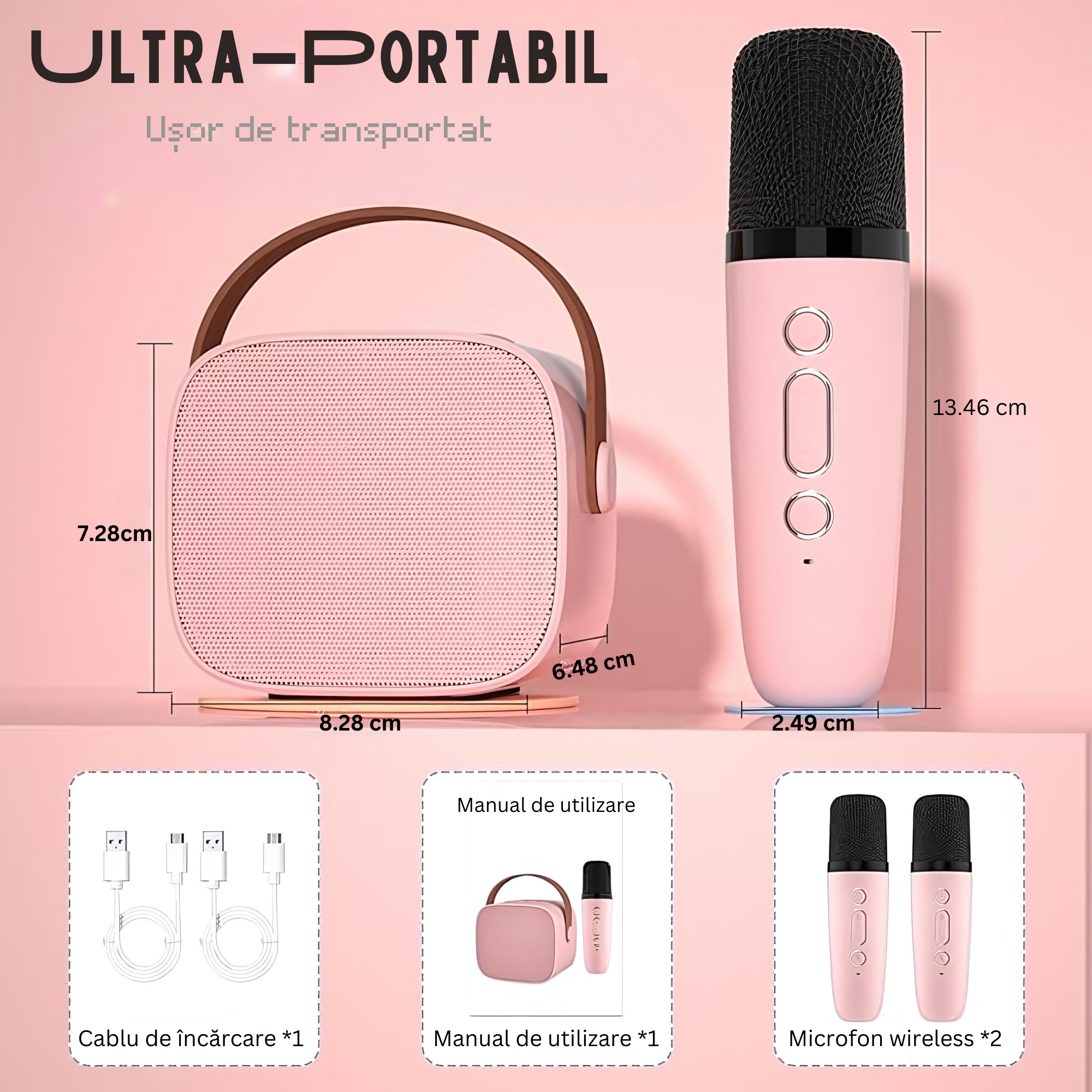 Microfon Karaoke Smart copii si adulti, goBERA®, Wireless, Difuzor portabil Bluetooth, Efecte vocale, Potrivit pentru petreceri si sarbatori,2 Mic incluse, TF card, Bluetooth, Player MP3, Aux, Culoare [3]