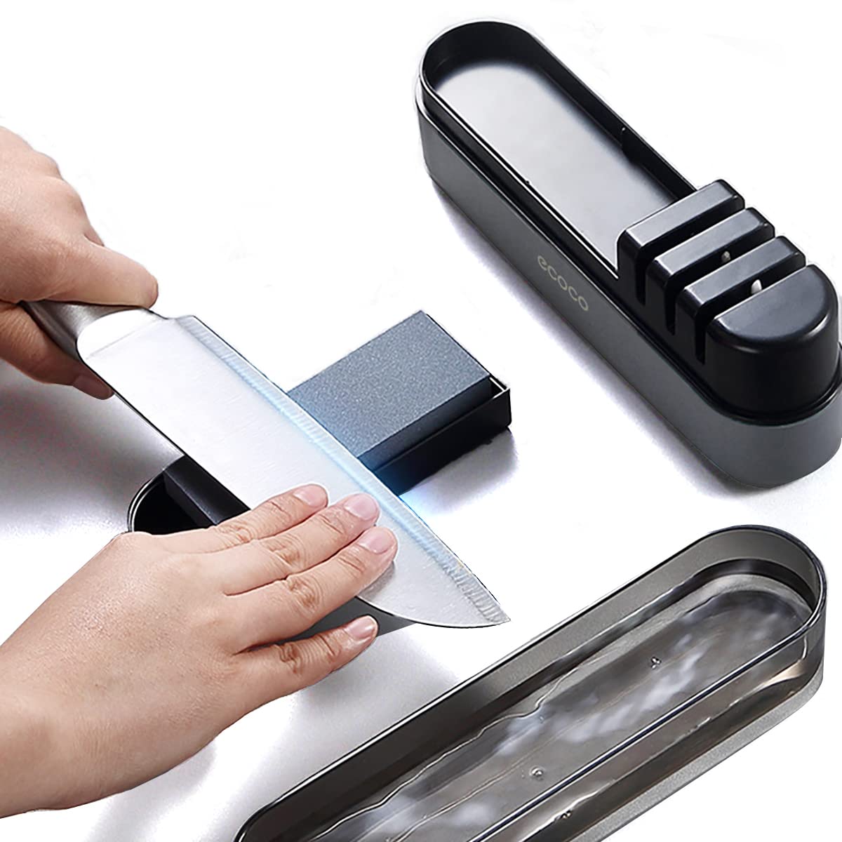 Ascutitor profesional pentru cutite AdyMel®, piatra abraziva inclusa, 4 nivele, ascutire, finisare, slefuire, indreptare, Gri [5]