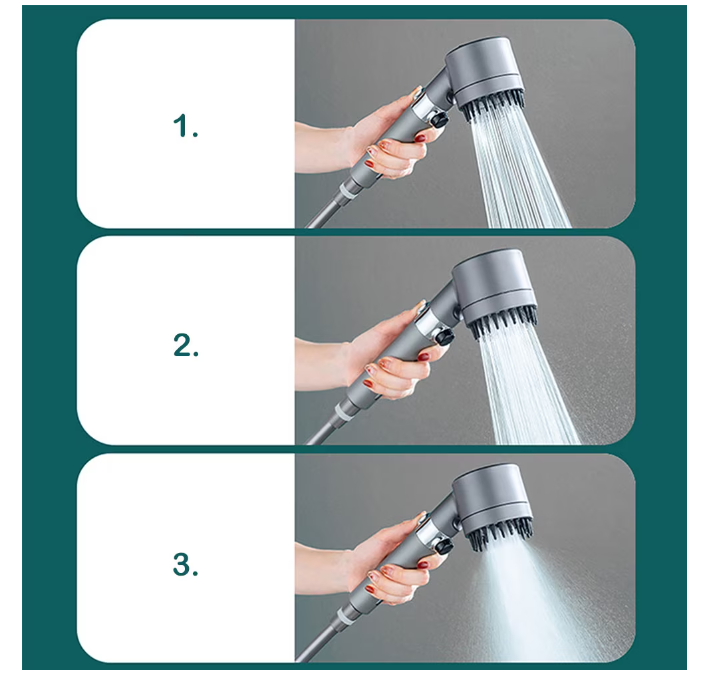 Cap de dus, At Performance, cu Perie de Masaj, Perie Silicon, 3 Moduri de Presiune Apa, Filtru Purificare Apa Inclus, Forma Ergonomica, Gri Metalic - Coloane de dus si seturi de dus - atMag.ro