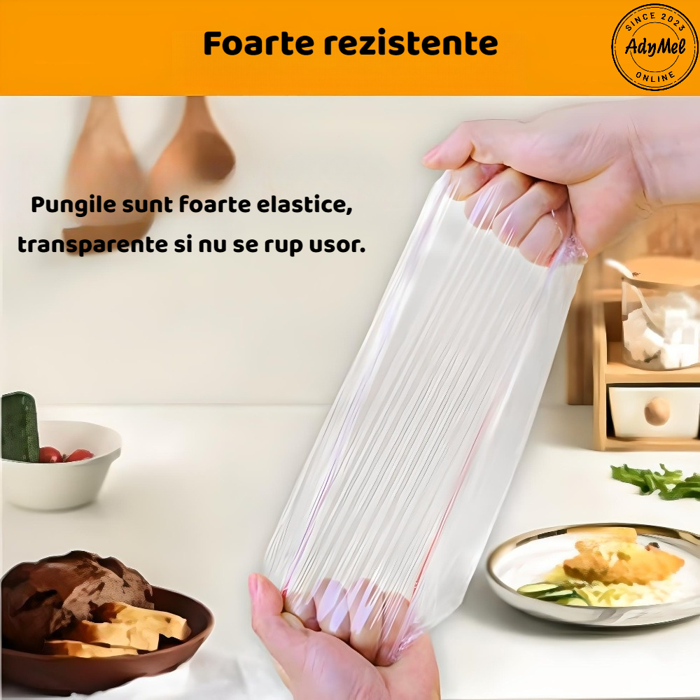 Pungi alimentare cu elastic multicolor AdyMel®, Set 100 buc, 24 cm diametru, calitate superioara, foarte rezistente, pentru acoperirea alimentelor, tip capac, reutilizabile, transparent [1]