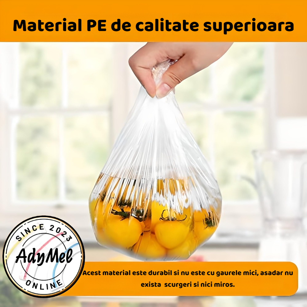 Pungi alimentare cu elastic multicolor AdyMel®, Set 100 buc, 24 cm diametru, calitate superioara, foarte rezistente, pentru acoperirea alimentelor, tip capac, reutilizabile, transparent [2]