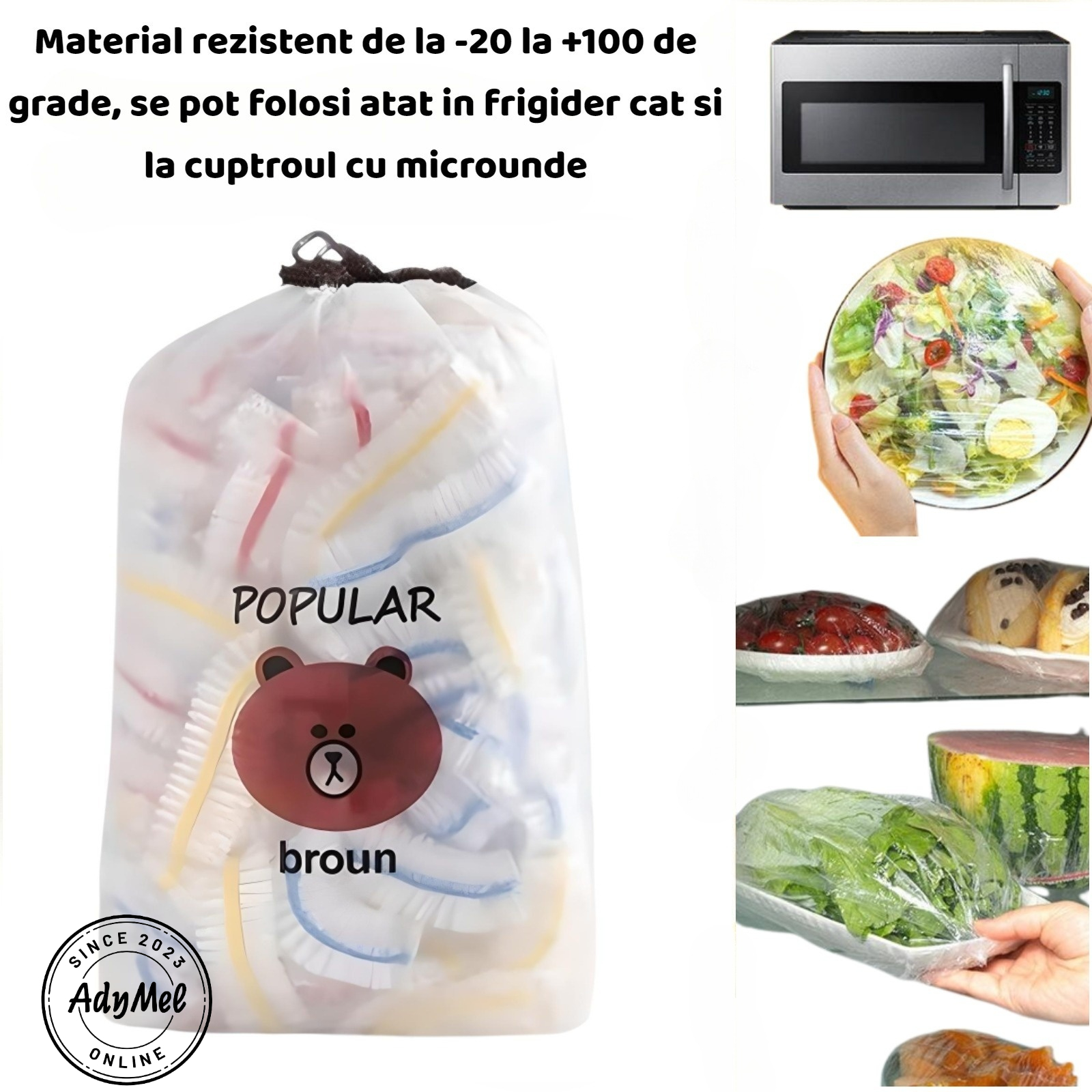Pungi alimentare cu elastic multicolor AdyMel®, Set 100 buc, 24 cm diametru, calitate superioara, foarte rezistente, pentru acoperirea alimentelor, tip capac, reutilizabile, transparent [3]