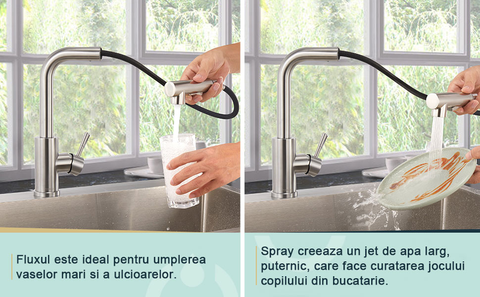 Baterie chiuveta bucatarie, YWX, Monocomanda, racorduri incluse, Dus extensibil, 2 functii spray, Rotire 360, Cartus Ceramic, Argintiu 3 46383605