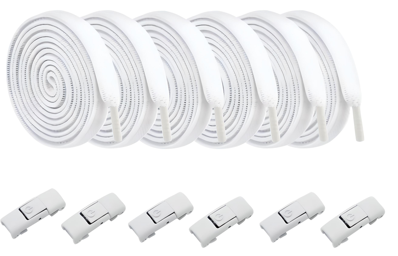 Produse EmagMarketplace - Sireturi albe cu catarame AdyMel®, set 3 perechi, sistem de prindere NO TOUCH, clipsuri, capsule, reglabile, incaltare rapida, plate, elastice