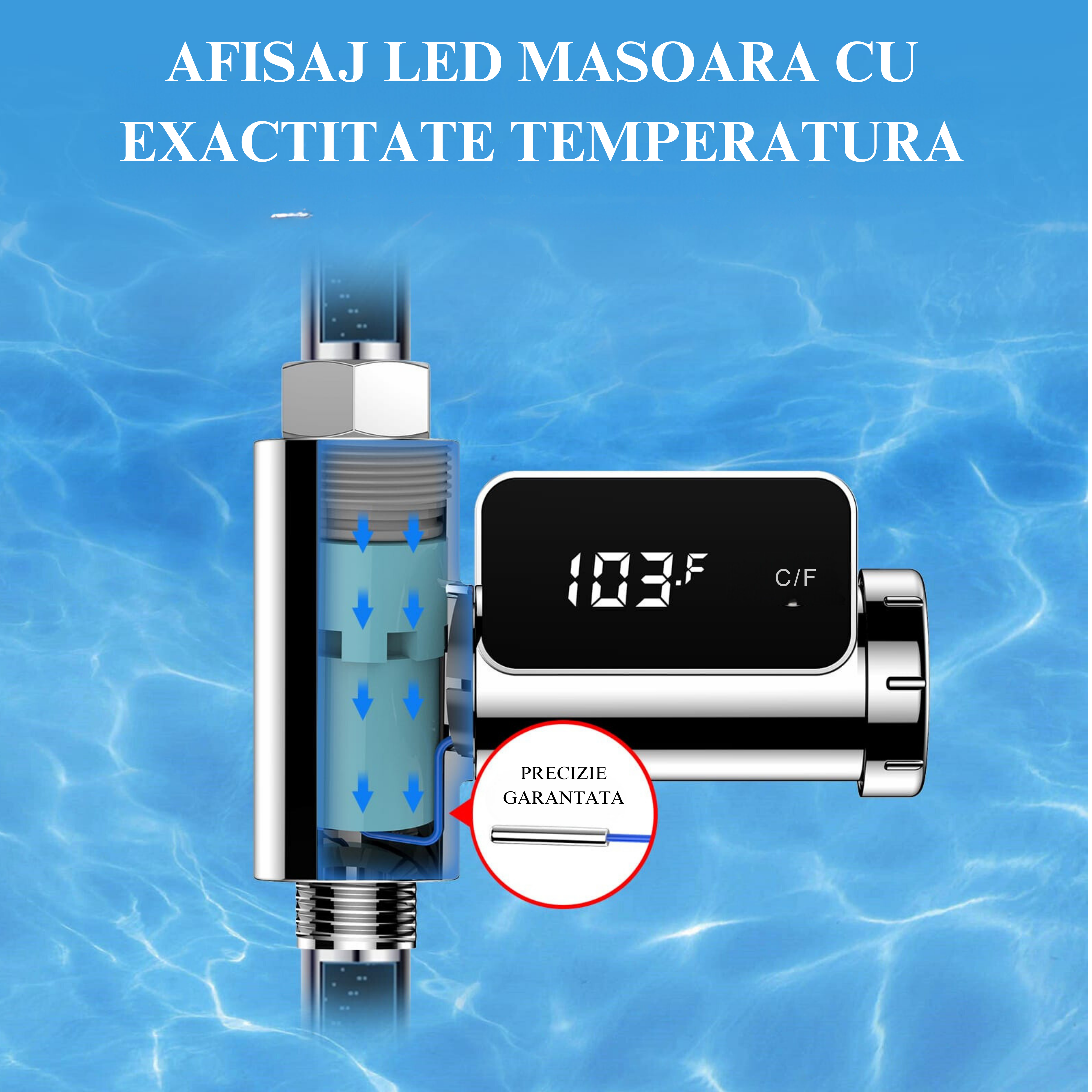 Termometru Digital Pentru Dus/Cada, Smart, Universal, Ecran Rotativ, Senzor Temperatura Apa, Afisare Led, Crom 2 46717255