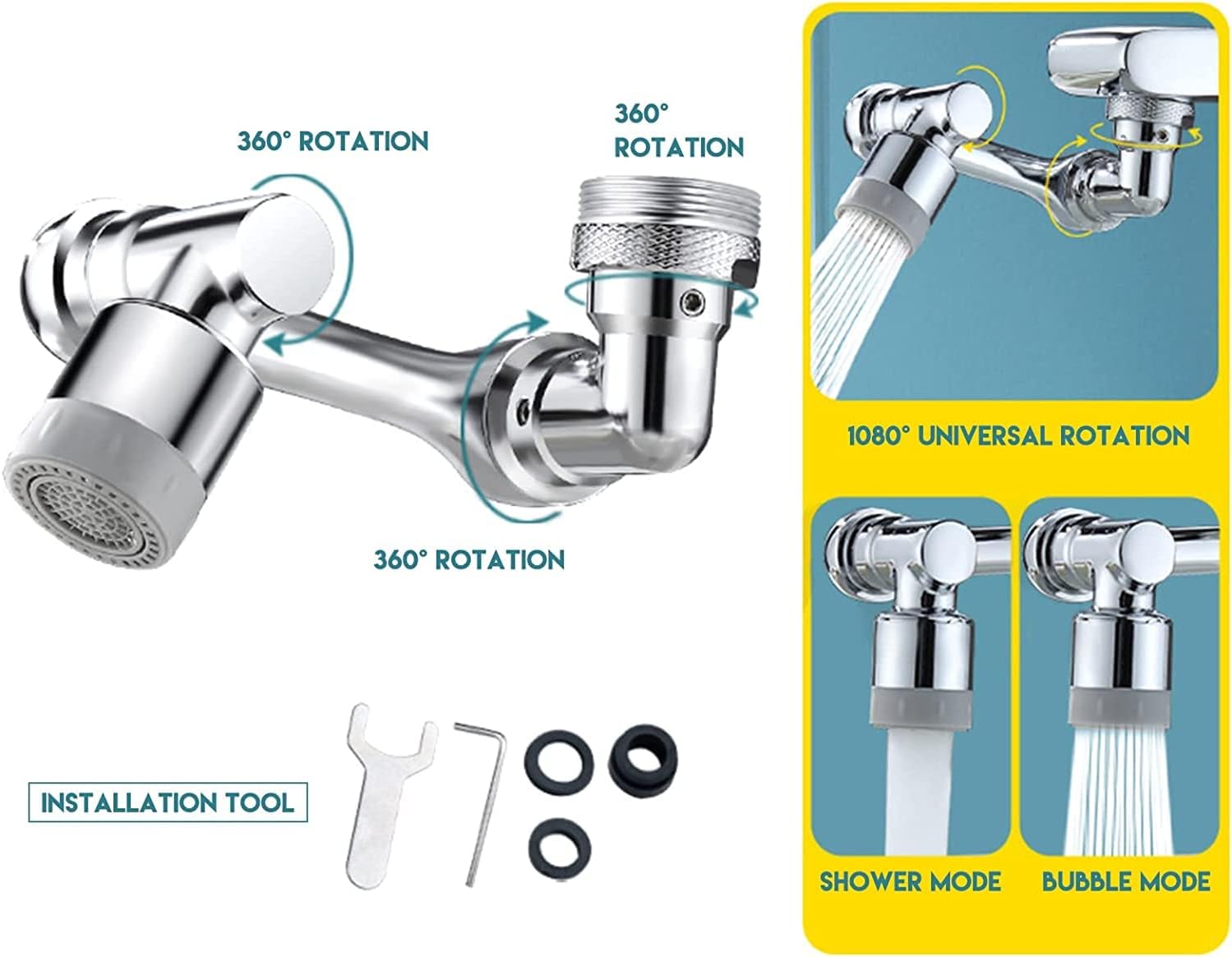 Adaptor de robinet cu brat mecanic telescopic, JENUOS®, rotatie de 1440 °, pentru prevenirea stropirii, usor de montat, 20-24 mm, Argintiu 3 46850068