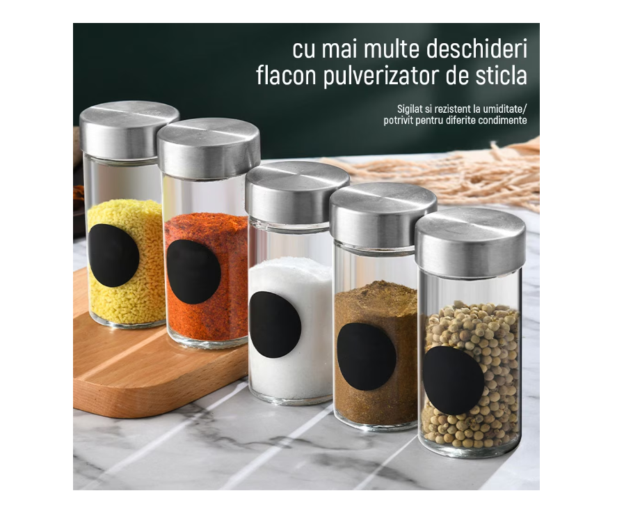 Set 12 Borcane de sticla pentru condimente, AT PERFORMANCE®, cu etichete, palnie, perie de curatare, marker - Rasnite si dozatoare condimente - atMag.ro