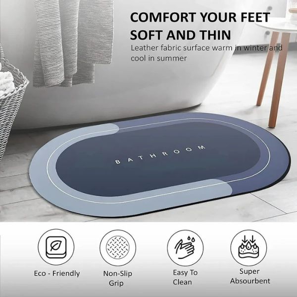 Covor de baie antiderapant, Substrat absorbant si uscare rapida, Usor de curatat, Oval, Dimensiuni 60 x 40 cm, Calitate Premium, Albastru - Covorase baie - atMag.ro