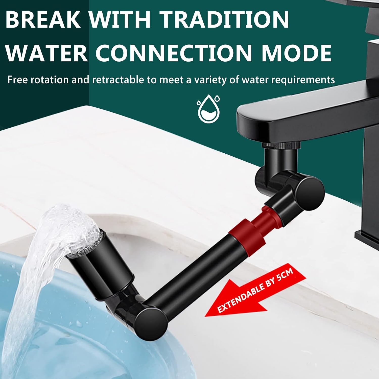 Adaptor de robinet cu brat mecanic telescopic, Lecheng®, extensibil si rotativ 1440° pivotant in orice directie, functie de economisire a apei, usor de montat, doua moduri dus si bule, Negru 5 47328306