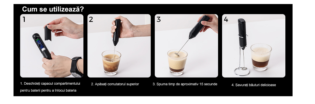 Mixer spuma lapte, At Performance, Electric cu baterie, bauturi calde/reci, maner izolat termic, otel inoxidabil, Pentru latte, ciocolata calda, cappuccino, frappe, usor de folosit cu suport metalic - Accesorii si piese aparate cafea - atMag.ro