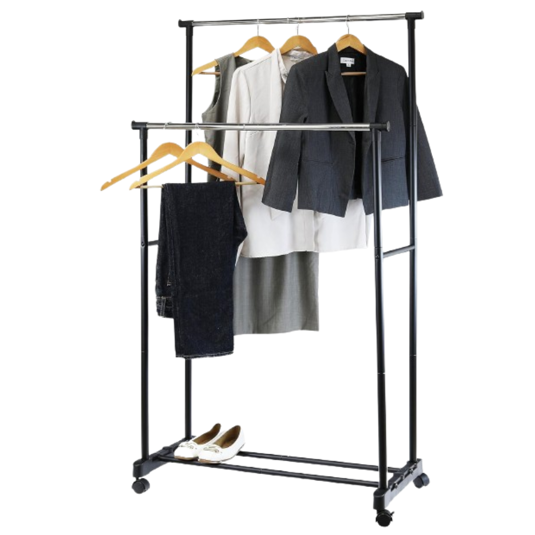 Produse - Suport Mobil Dublu Pentru Umerase SUPER TRENDS®, Tip Stander Haine si Incaltaminte, Inaltime Ajustabila, Negru
