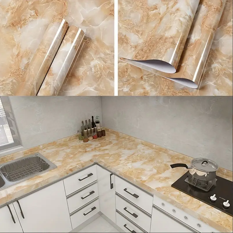 Rola tapet modern, imitatie de marmura At Performance rezistent, la apa, vinil, compact, autoadeziv, 60cmx 300 cm, portocaliu cristal - Tapet - atMag.ro