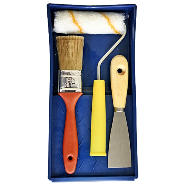 Unelte de vopsit si tencuit - Set pentru zugravit cu tava, trafalet 10 cm, pensula si spaclu
