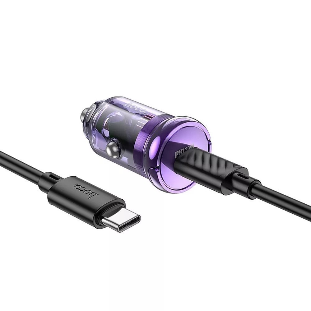 Incarcator Auto Hoco Z53, 30W, 1xUSB-C, Cablu USB-C 1m inclus, PD, QC 3.0, Inel, Clear, Negru 48052997