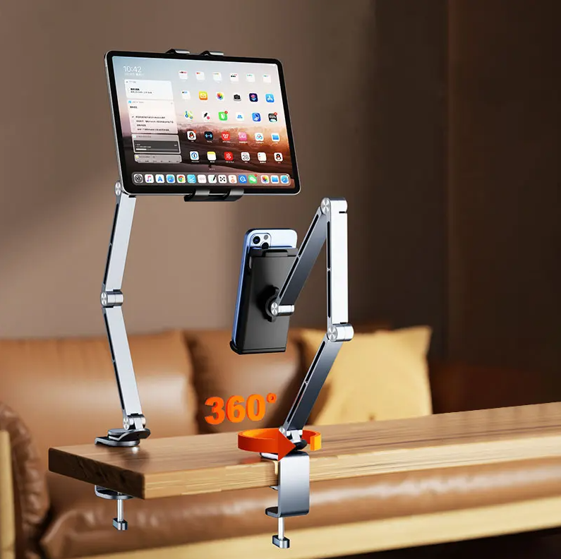Suport telefon sau tableta, din aluminiu, AT PERFORMANCE®, gri, reglabil, multifunctional, 12-26 cm - Suporturi si Stative - atMag.ro