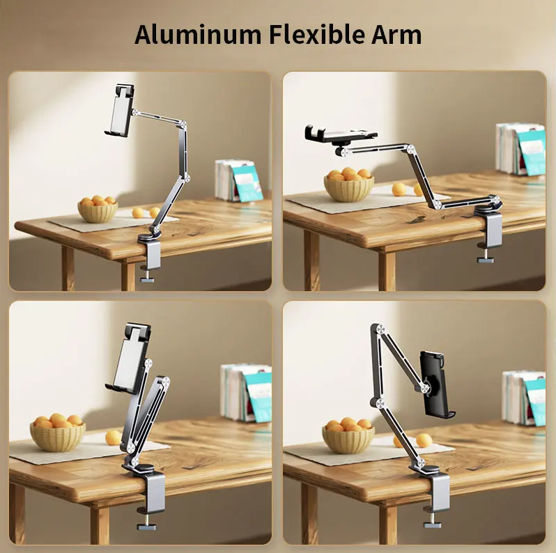 Suport telefon sau tableta, din aluminiu, AT PERFORMANCE®, gri, reglabil, multifunctional, 12-26 cm - Suporturi si Stative - atMag.ro