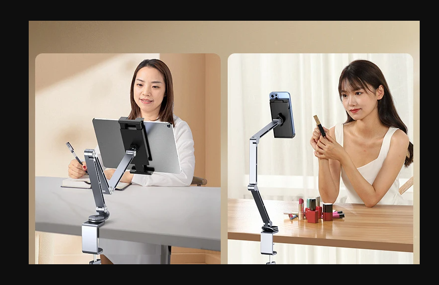 Suport telefon sau tableta, din aluminiu, AT PERFORMANCE®, gri, reglabil, multifunctional, 12-26 cm - Suporturi si Stative - atMag.ro