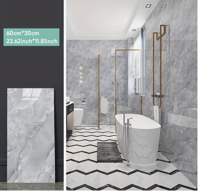 Set 10x Tapet tip Marmura, AT PERFORMANCE®, suprafata acoperire 1.8 mp, autoadeziv, waterproof, usor de montat, design modern, 30x60 cm, Gri - Tapet - atMag.ro