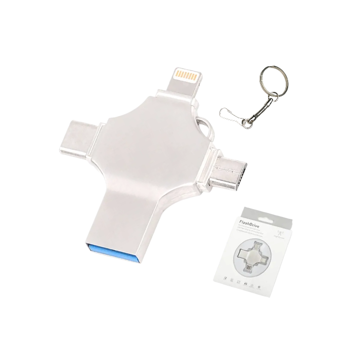 Produse EmagMarketplace - Stick memorie USB 3.0 AdyMel®, 128 GB, conexiuni 4 IN 1 conexiuni Lightning, MicroUSB, Type-C si USB, compatibil cu smartphone iOS si Android, Gri