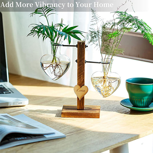 Vaza hidroponica, Axroad Mall, Forma iubirii, Stil retro, Incarcat cu plante mici, Pentru camera de zi, dormitor, sufragerie si decoratiuni de cafenea, Lemn / Sticla, 19*7.5*10 cm, Maro / Transparent 1 48468332