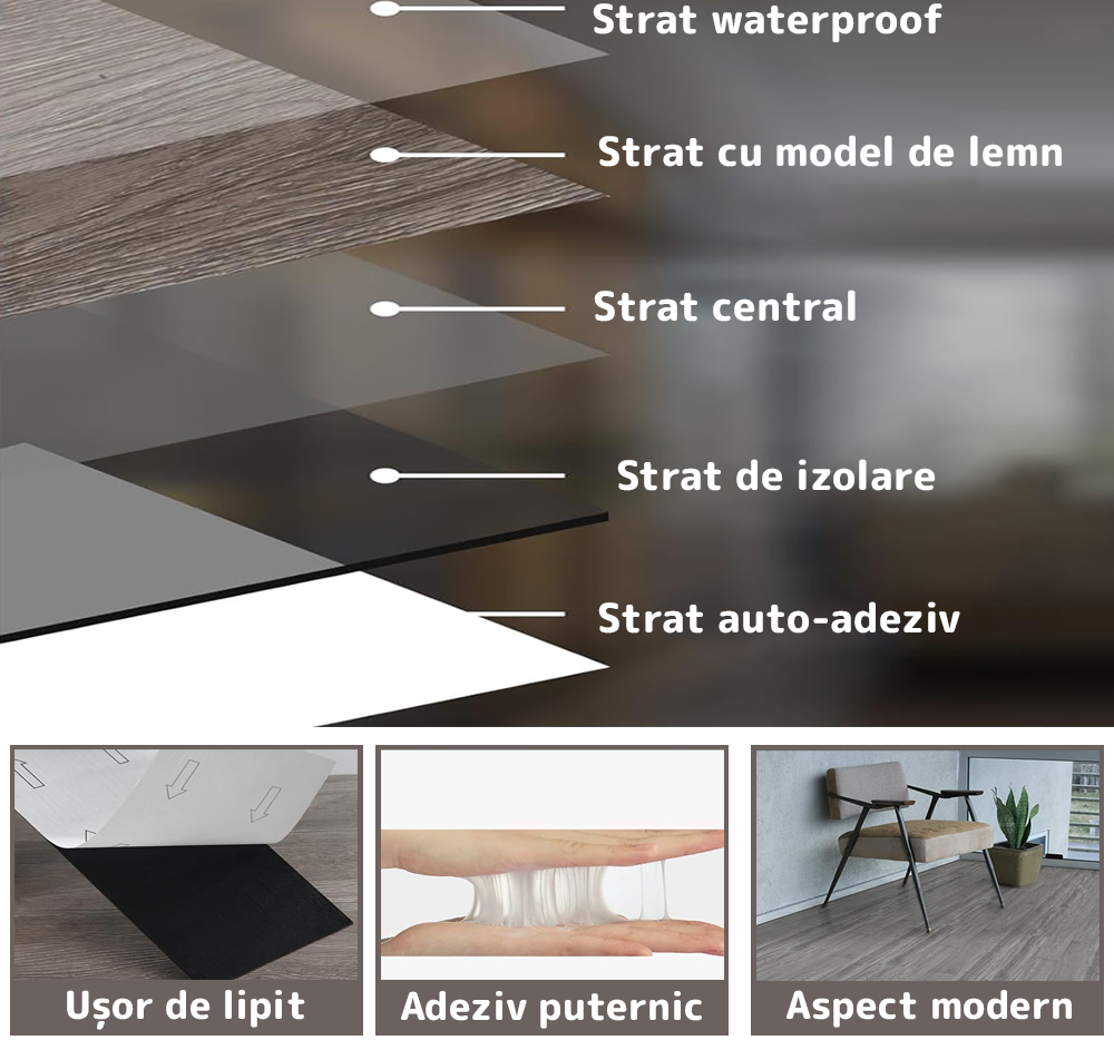 Set 36 Placi, De Pardoseala, AT PERFORMANCE®, durabil, autoadezive, PVC, 914.4mm x152.4mm, mm 5 m²/box, Maro Gri - Parchet si pardoseli - Placi autoadezive pardoseala - atMag.ro