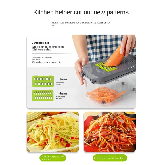 Tocator de Legume Manual, 22 in 1, AT PERFORMANCE®, Inox/ABS, Cu Maner, Verde/Gri - Feliatoare manuale - atMag.ro