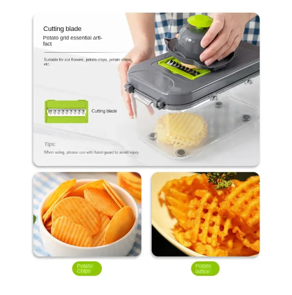 Tocator de Legume Manual, 22 in 1, AT PERFORMANCE®, Inox/ABS, Cu Maner, Verde/Gri - Feliatoare manuale - atMag.ro