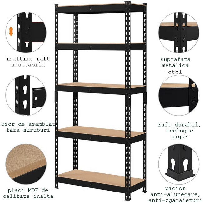 Set 10 Rafturi metalice pentru depozitare cu polite ajustabile pe inaltime Handlekraft® 4 montaje diferite, corp metalic anticoroziune, 200x90x40cm, Negru 2 49181066