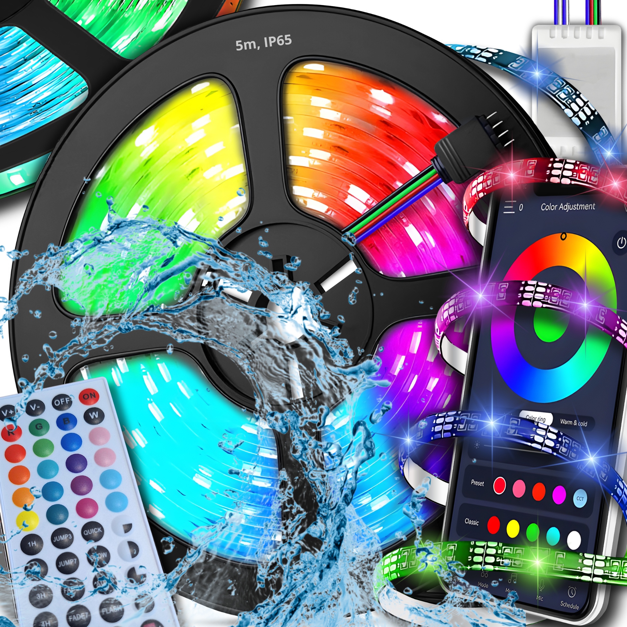 Banda LED rezistenta la apa 5 metri, IP65, RGB(W) GALAXIA®, Bluetooth, Aplicatie telefon, Telecomanda, Mod muzica, Adeziv puternic
