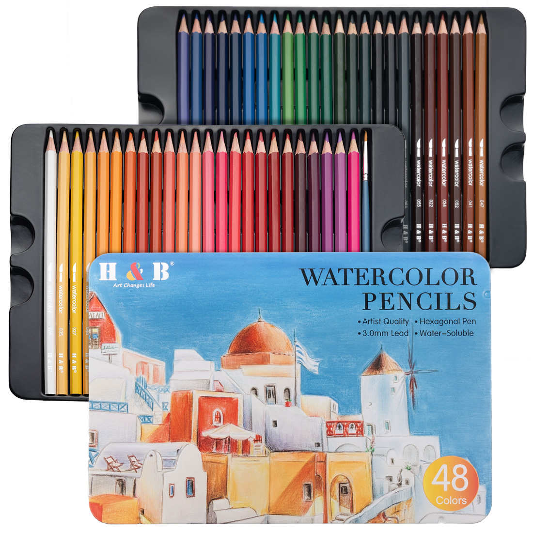 Set creioane acuarela profesionale cu 48 culori vibrante, cutie deschisa prezentand gama completa de nuante, pregatite pentru desen si pictura artistica