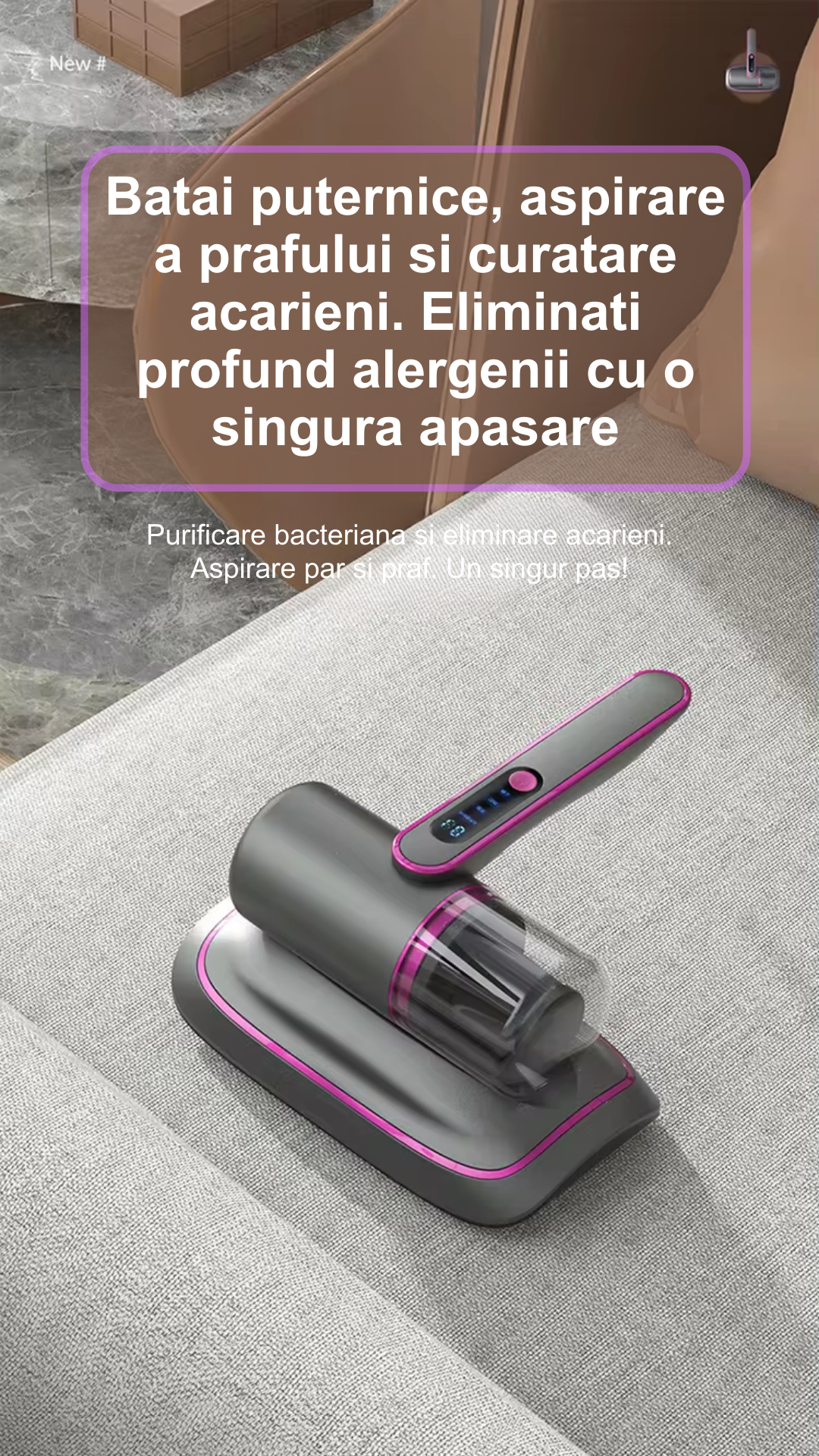 Aspirator Profesional LUDORA® de Mana Antiacarieni , 2 in 1 Tehnologie UV, Putere de Aspirare Mare de 12000pa, Filtru HEPA, Fara Sac si Fara Fir, 100W, Lumina UV Curatare Avansata, Portabil, Igienizare si Sterilizare Eficienta, Pentru Praf, Par Animale