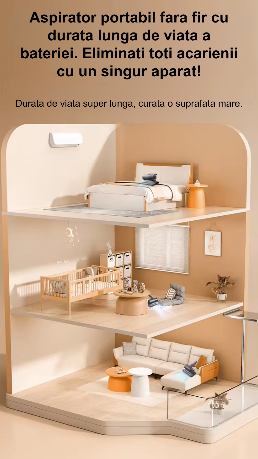 Aspirator Profesional LUDORA® de Mana Antiacarieni , 2 in 1 Tehnologie UV, Putere de Aspirare Mare de 12000pa, Filtru HEPA, Fara Sac si Fara Fir, 100W, Lumina UV Curatare Avansata, Portabil, Igienizare si Sterilizare Eficienta, Pentru Praf, Par Animale