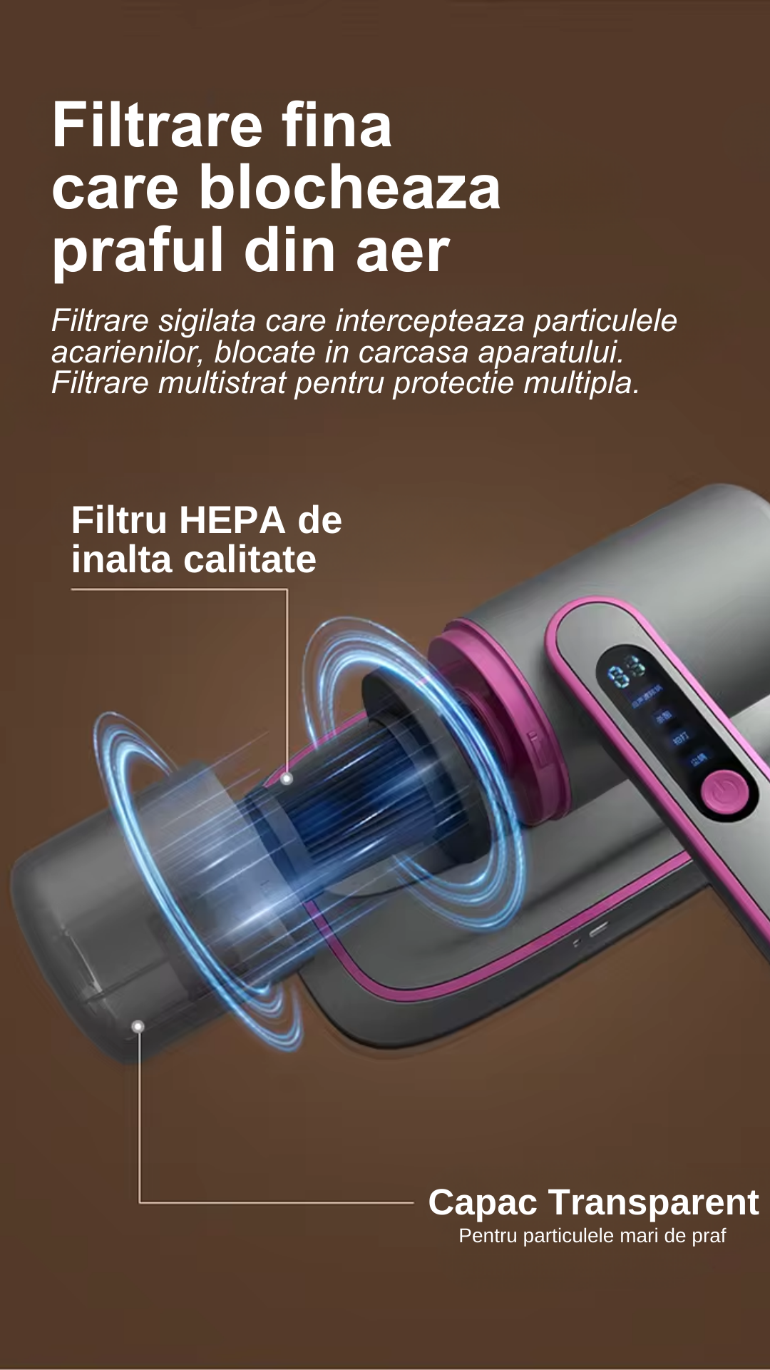 Aspirator Profesional LUDORA® de Mana Antiacarieni , 2 in 1 Tehnologie UV, Putere de Aspirare Mare de 12000pa, Filtru HEPA, Fara Sac si Fara Fir, 100W, Lumina UV Curatare Avansata, Portabil, Igienizare si Sterilizare Eficienta, Pentru Praf, Par Animale