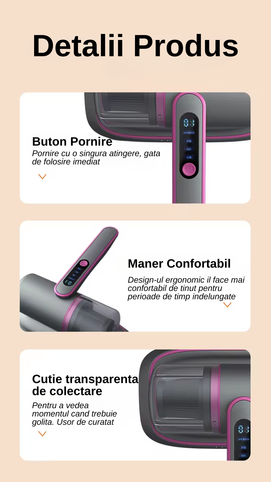 Aspirator Profesional LUDORA® de Mana Antiacarieni , 2 in 1 Tehnologie UV, Putere de Aspirare Mare de 12000pa, Filtru HEPA, Fara Sac si Fara Fir, 100W, Lumina UV Curatare Avansata, Portabil, Igienizare si Sterilizare Eficienta, Pentru Praf, Par Animale