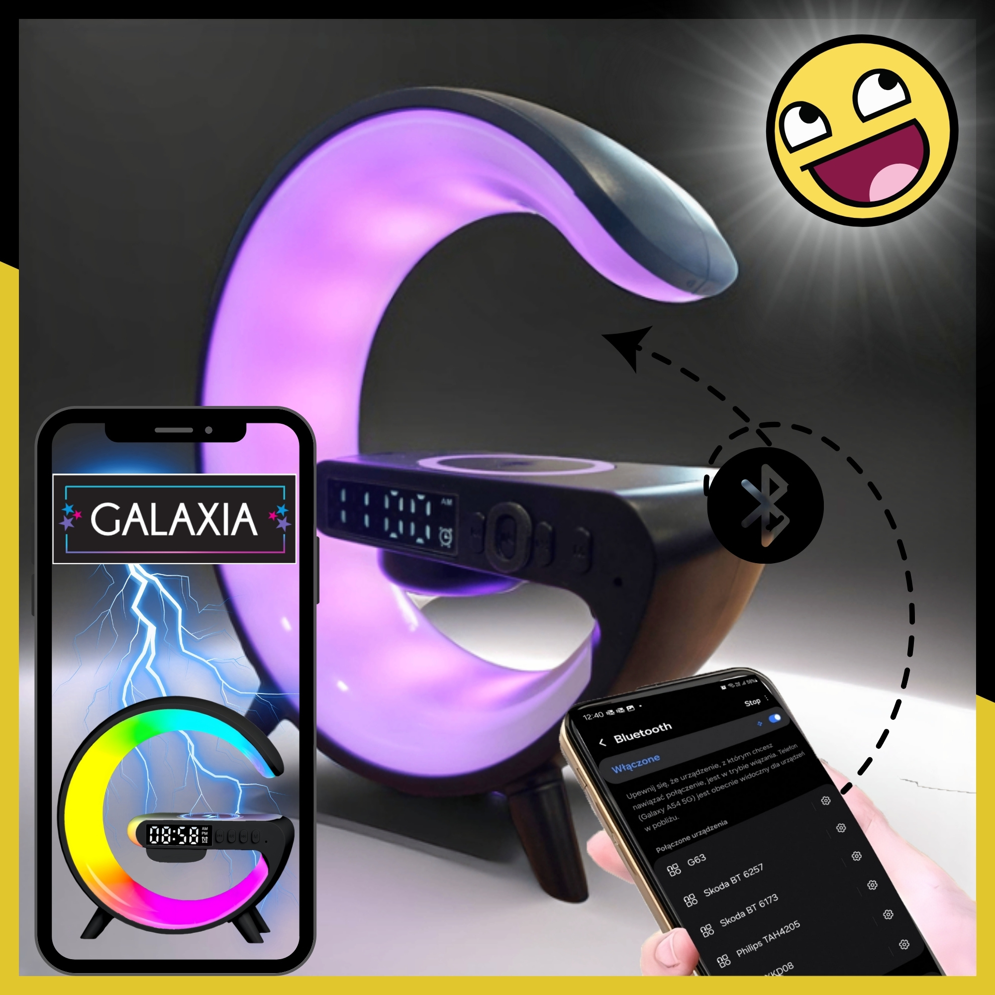 Lampa Smart LED RGB Negru Galaxia®, lumina de noapte, noapte, jocuri de noroc, incarcator rapid de 15 W, alarma, difuzor Bluetooth, 16 milioane de culori de lumina 7 Lampa de noapte LED inteligenta cu incarcator inductiv de 15 W si difuzor RGB