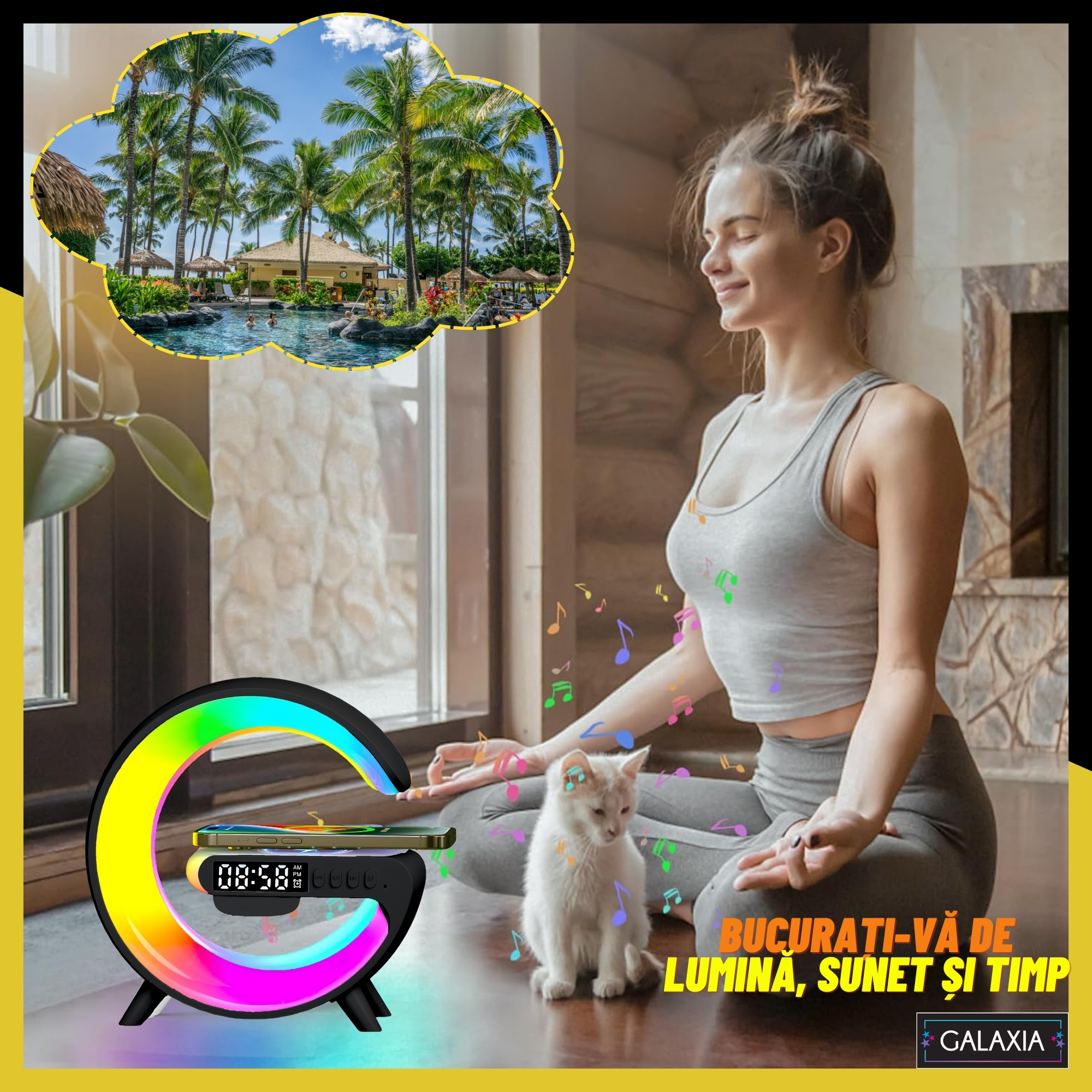 Lampa Smart LED RGB Negru Galaxia®, lumina de noapte, noapte, jocuri de noroc, incarcator rapid de 15 W, alarma, difuzor Bluetooth, 16 milioane de culori de lumina 1 lampa de noapte LED multifunctionala cu incarcator inductiv de 15W si ceas cu alarma