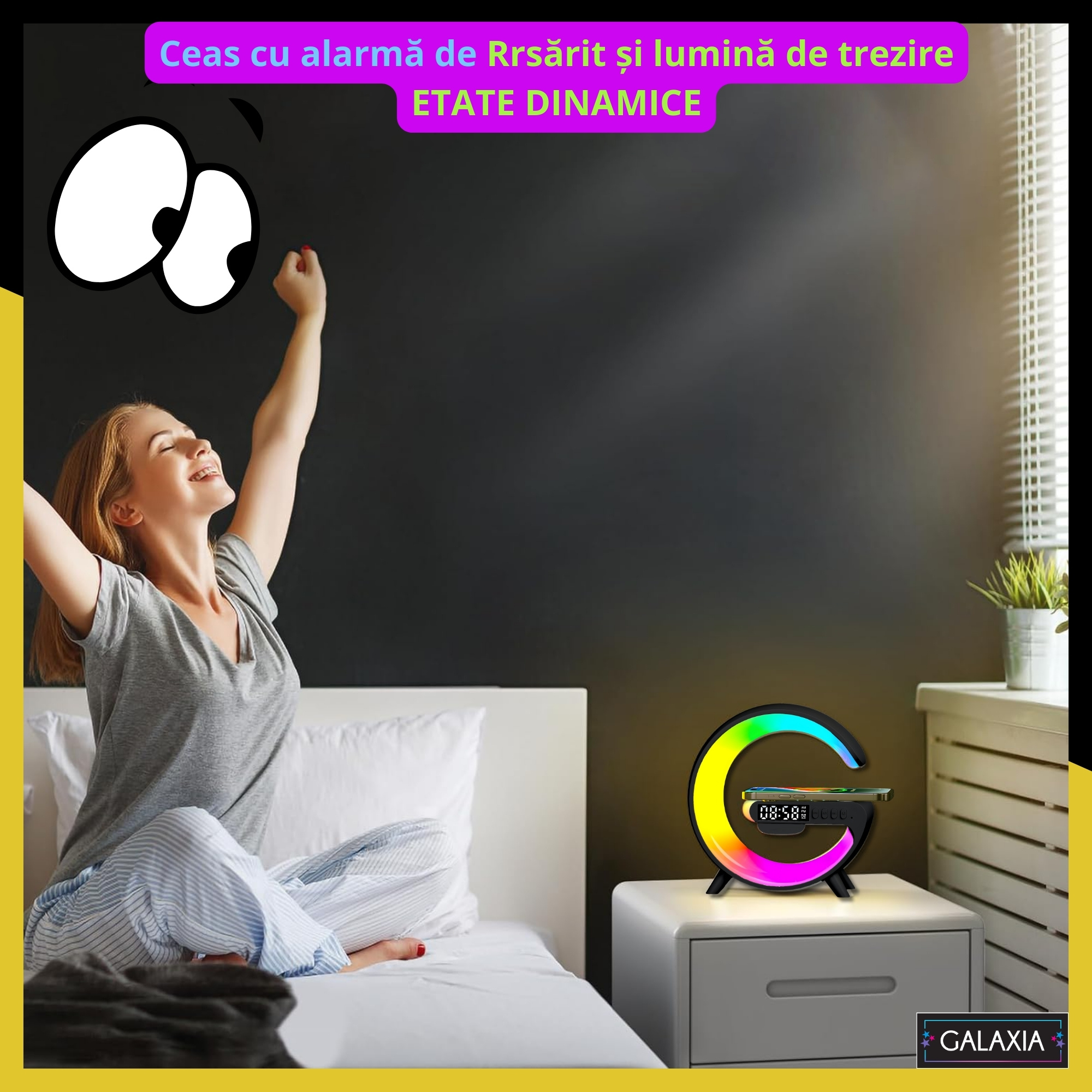 Lampa Smart LED RGB Negru Galaxia®, lumina de noapte, noapte, jocuri de noroc, incarcator rapid de 15 W, alarma, difuzor Bluetooth, 16 milioane de culori de lumina 2 veioza cu LED alb cu difuzor RGB si ceas cu alarma galaxi