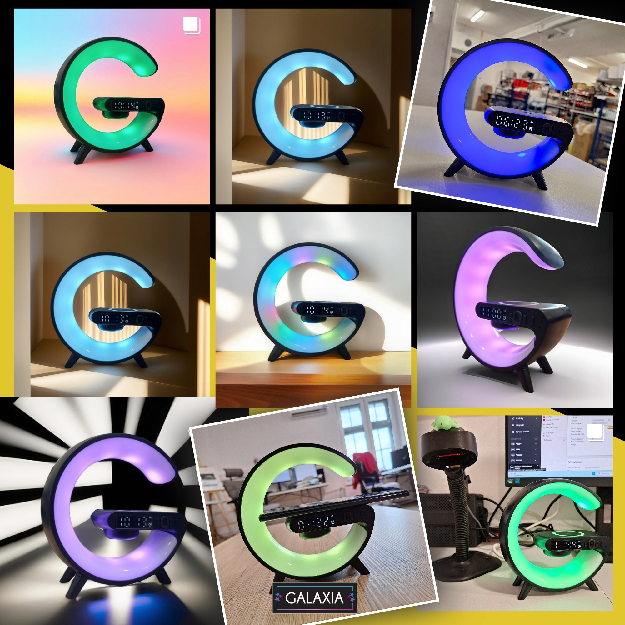 Lampa Smart LED RGB Negru Galaxia®, lumina de noapte, noapte, jocuri de noroc, incarcator rapid de 15 W, alarma, difuzor Bluetooth, 16 milioane de culori de lumina 8 Lumina de noapte LED ceas cu alarma ceas difuzor RGB galaxia negru