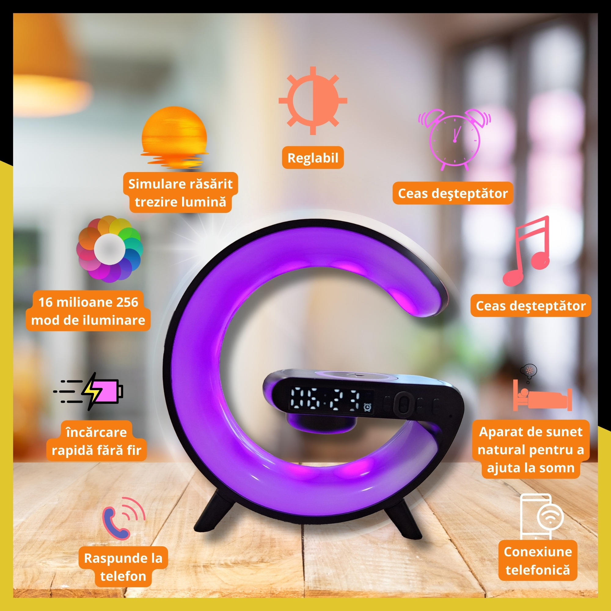 Lampa Smart LED RGB Negru Galaxia®, lumina de noapte, noapte, jocuri de noroc, incarcator rapid de 15 W, alarma, difuzor Bluetooth, 16 milioane de culori de lumina 6 Lampa de noapte LED alba versatila cu difuzor, ceas cu alarma si incarcator inductiv galaxia alb si negru