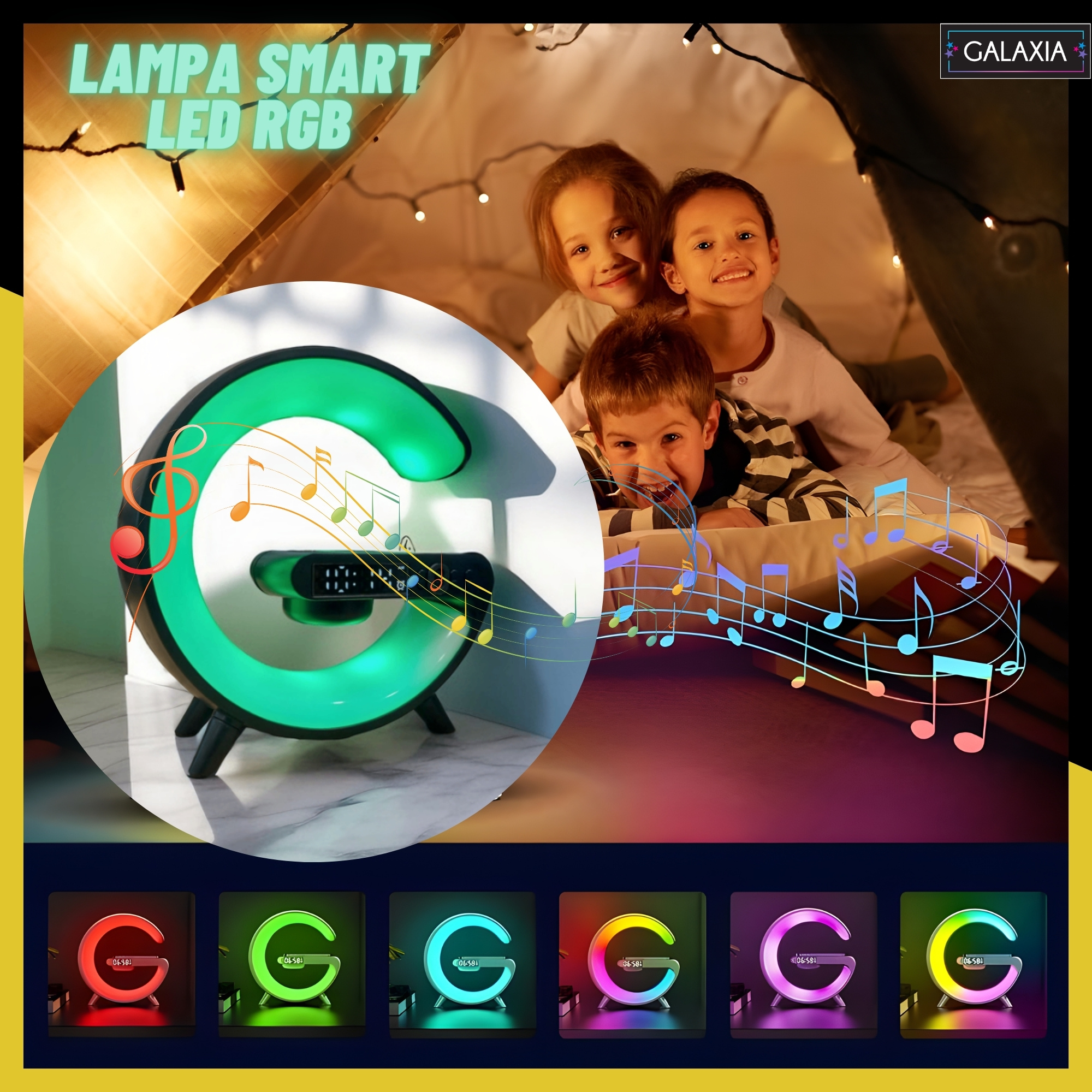 Lampa Smart LED RGB Negru Galaxia®, lumina de noapte, noapte, jocuri de noroc, incarcator rapid de 15 W, alarma, difuzor Bluetooth, 16 milioane de culori de lumina 5 Lampa de noapte LED alba versatila cu difuzor, ceas cu alarma si incarcator inductiv galaxia