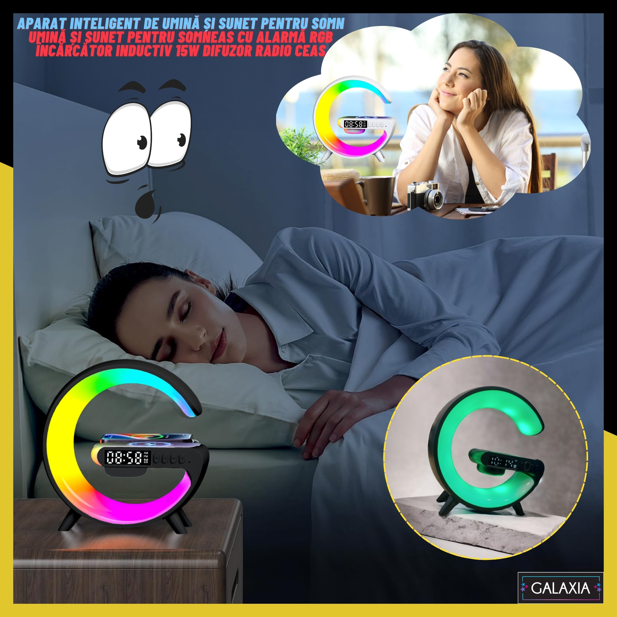 Lampa Smart LED RGB Negru Galaxia®, lumina de noapte, noapte, jocuri de noroc, incarcator rapid de 15 W, alarma, difuzor Bluetooth, 16 milioane de culori de lumina 4 veioza cu LED alb cu difuzor RGB si ceas cu alarma galaxi