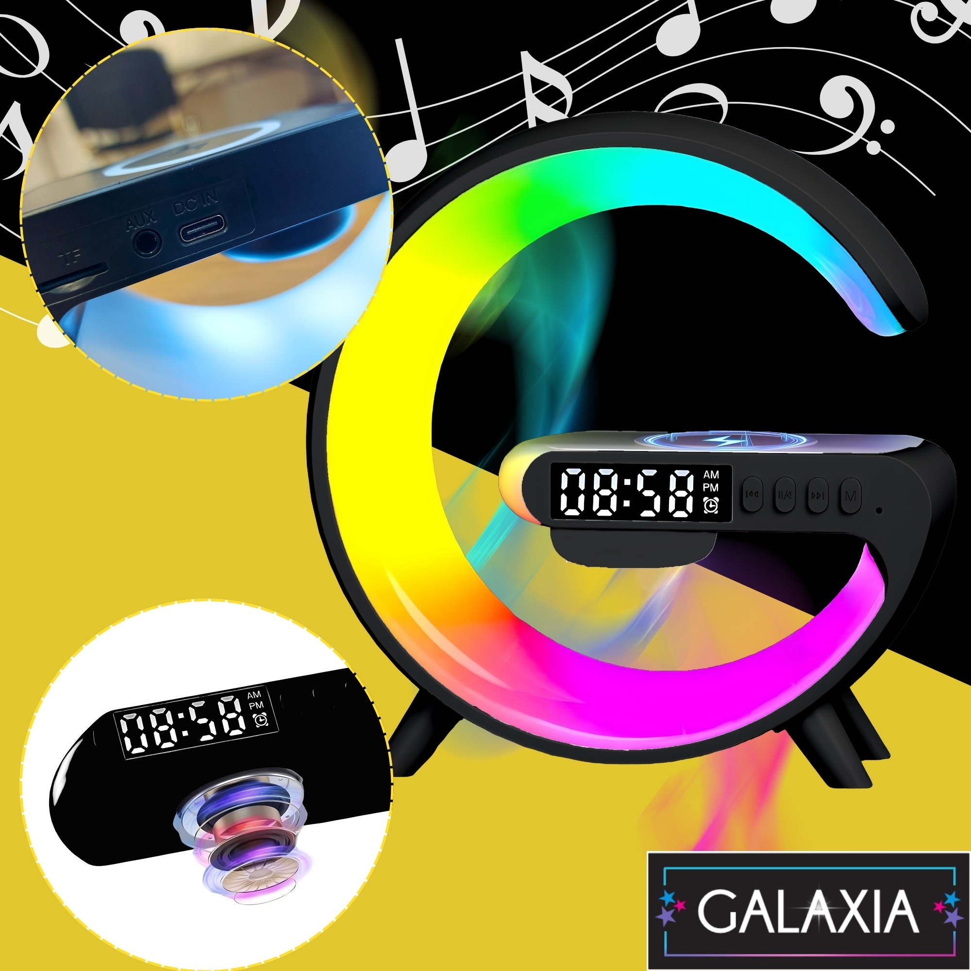 Lampa Smart LED RGB Negru Galaxia®, lumina de noapte, noapte, jocuri de noroc, incarcator rapid de 15 W, alarma, difuzor Bluetooth, 16 milioane de culori de lumina 3 veioza moderna LED cu ceas cu alarma, difuzor RGB si incarcator inductiv de 15W