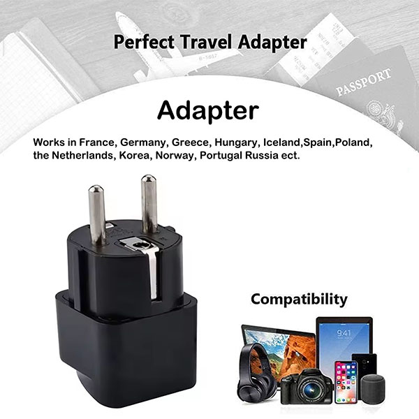 Set 3 adaptor Universal, Darklove, Cu 2 pini, 10A-240V, Conductor de cupru pur, Portabil, Pentru difuzoare bluetooth, laptopuri si telefon mobil, Compatibil Spania, Germania, Rusia si Finlanda, ABS, 3.5x3.5x6.7cm, Negru 1 50303535