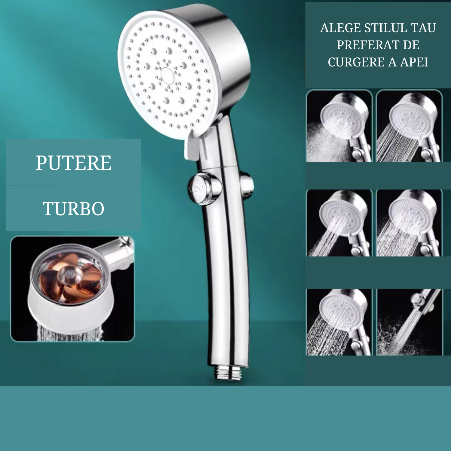 Cap de dus de inalta presiune, turbocompresor, 5 moduri de functionare, reglabil, buton on/off, economisire apa, ABS, argintiu 2 50318105